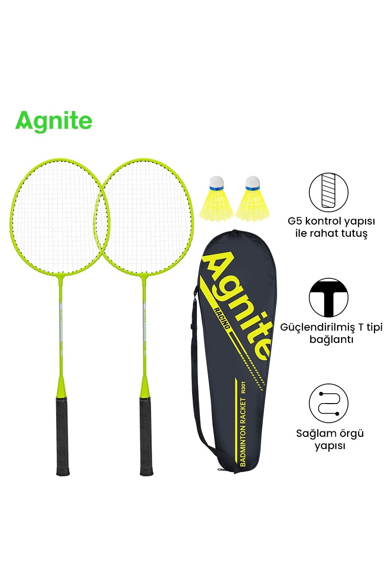 Agnite Demir Bölünmüş Badminton Raketi 2’li Set 2 Top Dahil Dayanıklı Çelik Gövde Yeşil