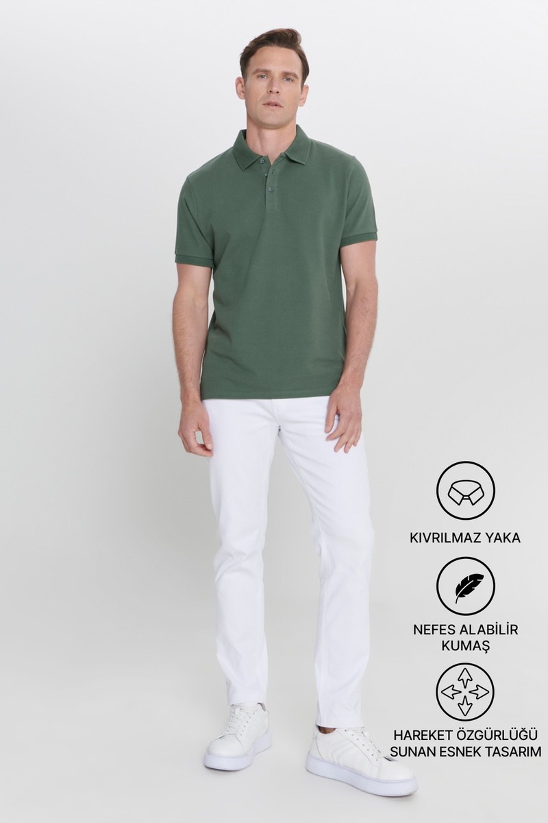 Altınyıldız Classics Erkek Haki %100 Pamuk Kıvrılmaz Pike Polo Yaka Slim Fit Dar Kesim Tişört