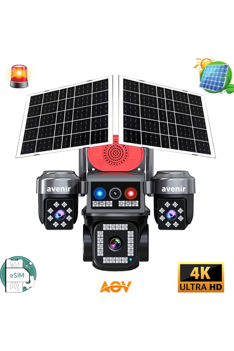 Avenir AV-S445 E-Sim 4 Kameralı Güneş Enerjili Kamera Tüm Mekanlar İçin Gece Görüşlü 8 MP