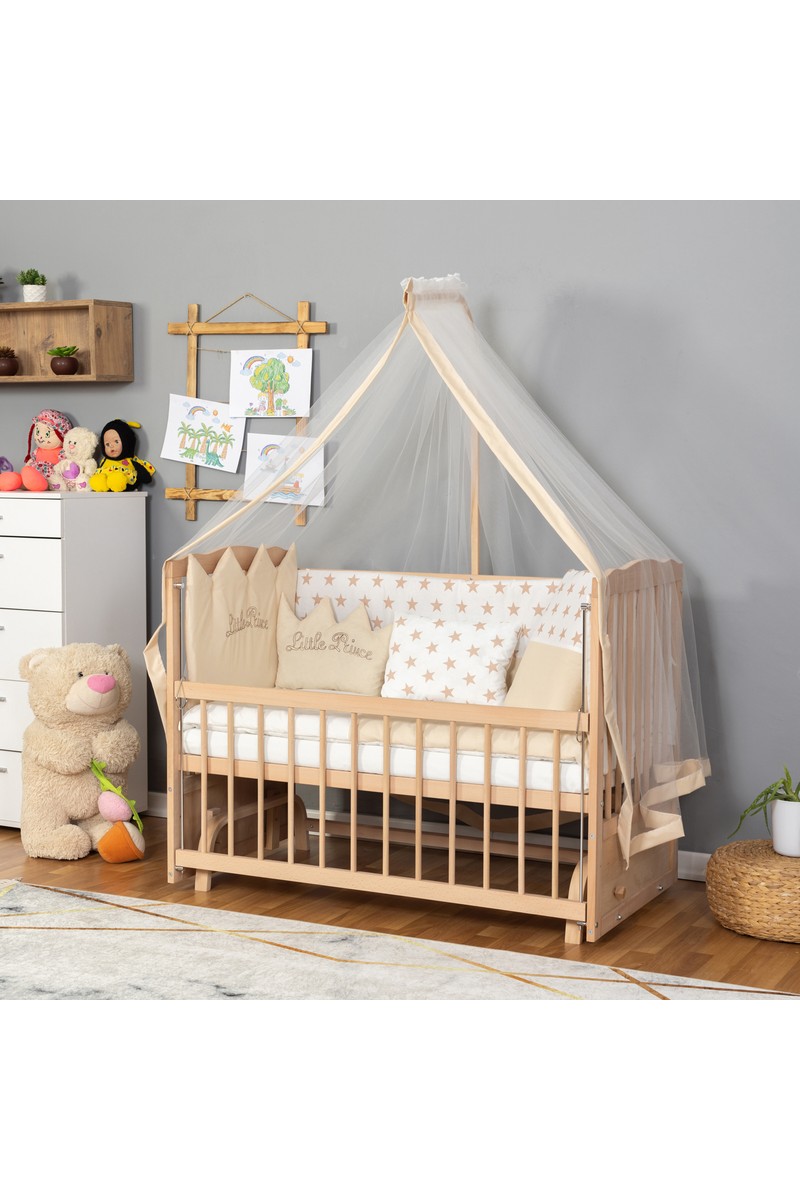 Bamgidoo Mobilya Bamgidoo Ahşap Organik Beşik Anne Yanı Beşik 3 Kademeli Lüx Bebek Beşiği 60 x 120 cm - Krem Prens Uyku Setli & Soft Yataklı