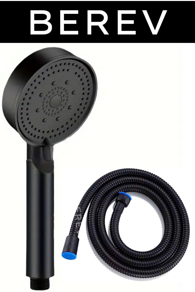 Berev 5 Fonksiyonlu Yüksek Basınçlı Duş Başlığı 150 cm Duş Hortum, Siyah Duş Seti