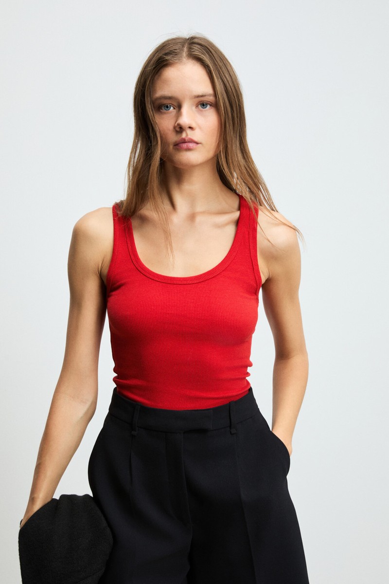 Ethiquet Lıllesol Kadın Fitilli Görünümlü Slim Fit Vücuda Oturan Havuz Yakalı Pamuklu Basic Kırmızı Atlet