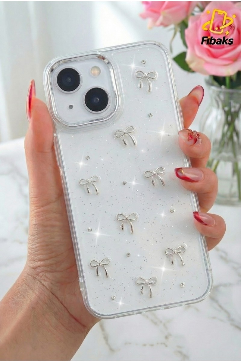 Fibaks Apple iPhone 13 - 14 - 15 Kılıf Fiyonk Desenli Şeffaf Simli Gümüş Kamera Çıkıntılı Parlak Kapak