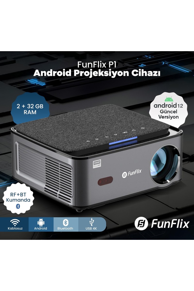 FunFlix P1A Android 4K Destekli LED Full Hd Projeksiyon Cihazı, 2gb Ram 32 GB Depo, Bluetooth Kumanda, 150W Lamba, 300 Inç Görüntü