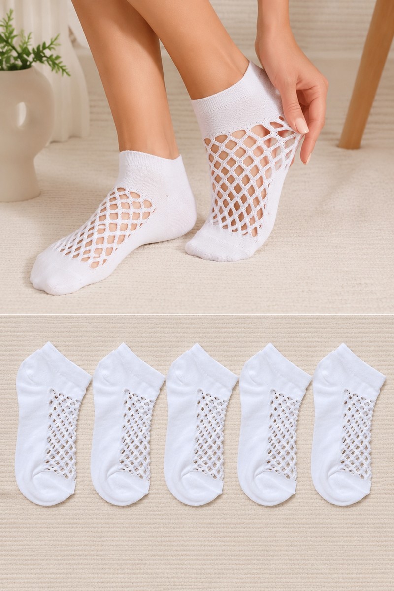Hitit Socks Kadın 5 Çift Beyaz Premium Kalite File Tasarım Bilek Çorabı Nefes Alan Yapı
