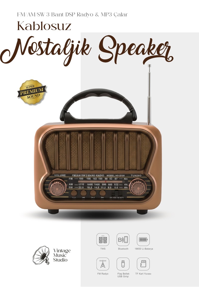 Kensa Nostaljik Görünümlü Bluetooth Mp3 Çalar Fm/am/sw USB Tf Kart Destekli Şarjlı Retro Hoparlör