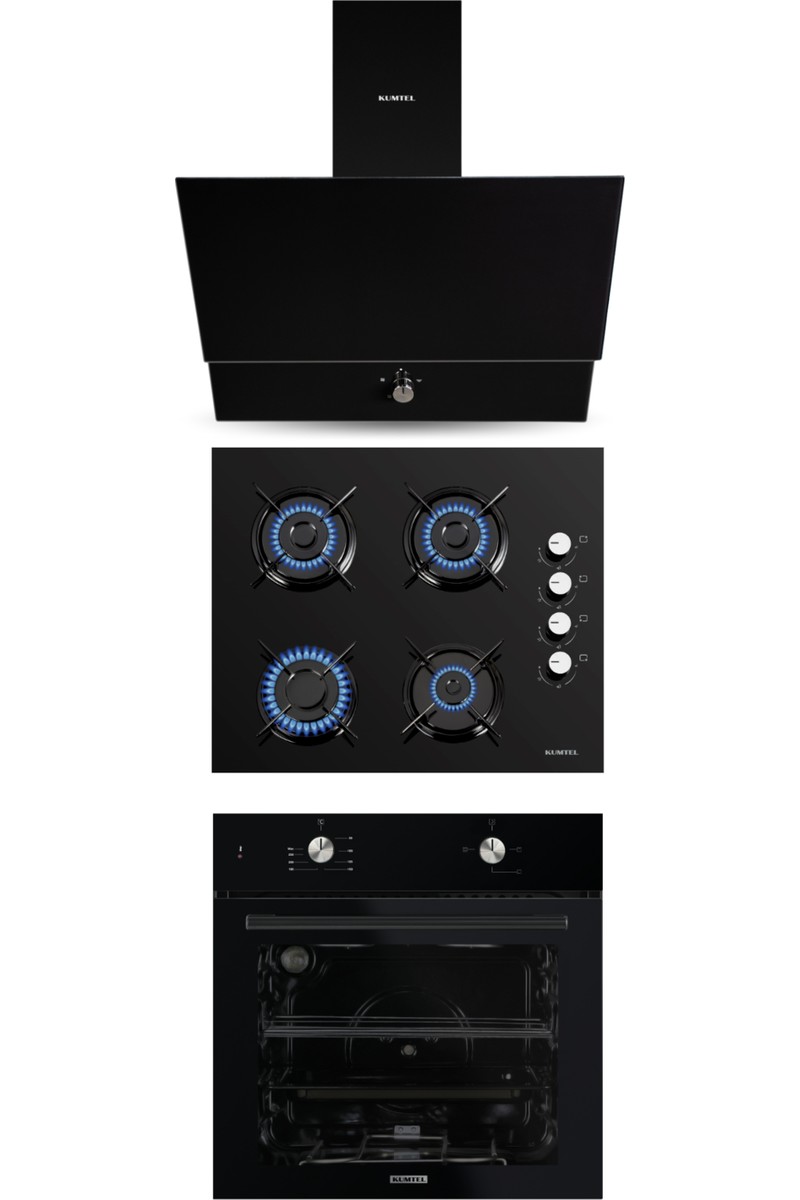 Kumtel Home Siyah Cam Ankastre Set (DA6-830 Davlumbaz + KO-40 TAHDF Ocak+ B66-S2 Fırın)
