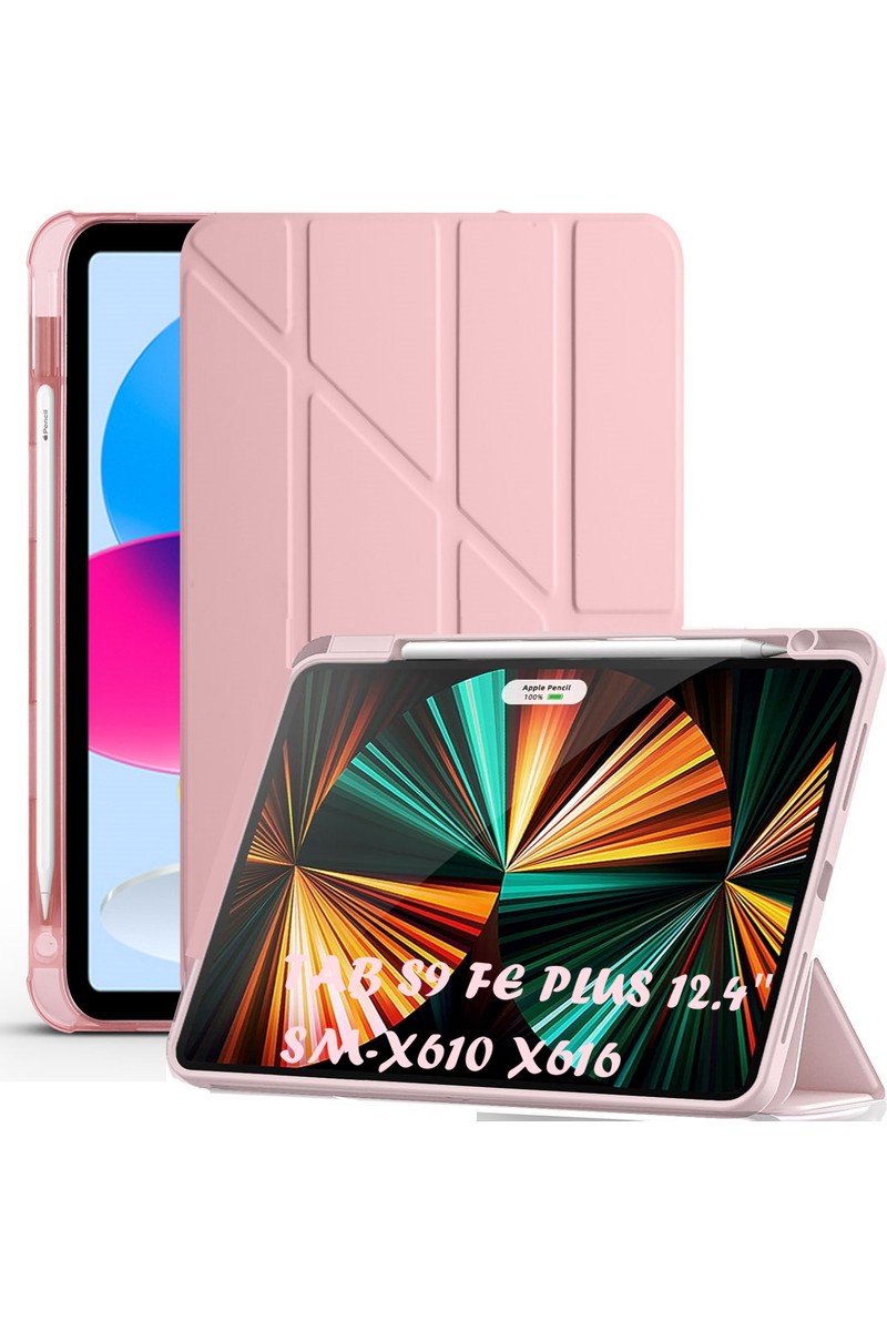 M.TK Moveteck Samsung Galaxy Tab S9 Fe+ Plus 12.4 Inç SM-X610 Tablet Kılıfı Kalem Yuvalı Bölmeli Akıllı Yumuşak Silikon Kılıf Uyku Modlu