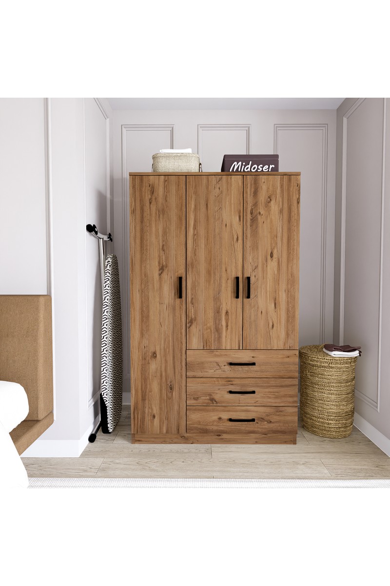 Midoser Easy Atlantik Çam 3 Kapılı 3 Çekmeceli Çok Amaçlı Elbise Dolabı