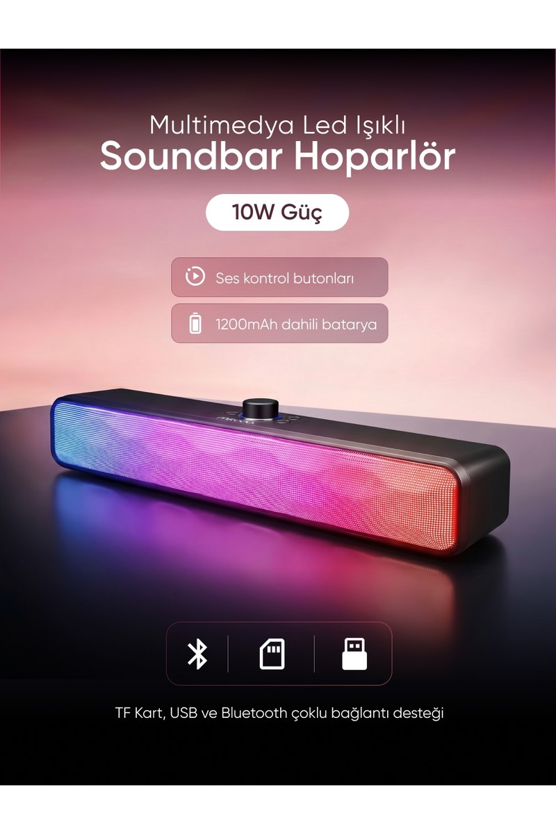 Mikado MD-SBT31 Siyah 5W 2 1200MAH Bt,rgb,tf Card,type-C ,usb Soundbar Speaker