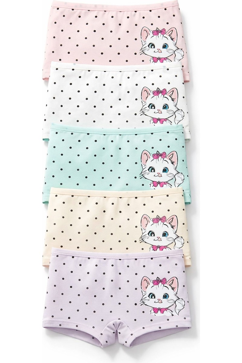 Nicoletta Kız Çocuk Boxer Külot 5 Li Paket Pamuklu Likralı Kedi Baskılı