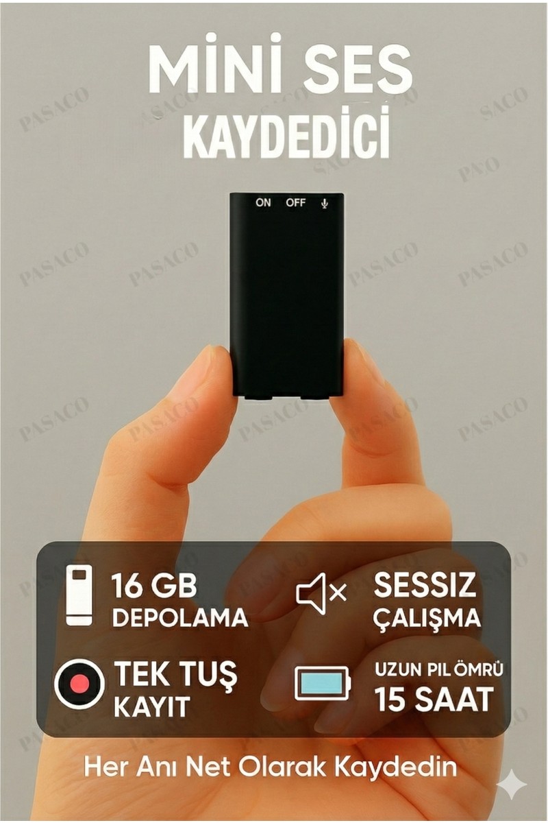 Pasaco 16GB Mini Dijital Ses Kayıt Cihazı Gürültü Önleme Teknolojisi ile 15 Saat Kayıt
