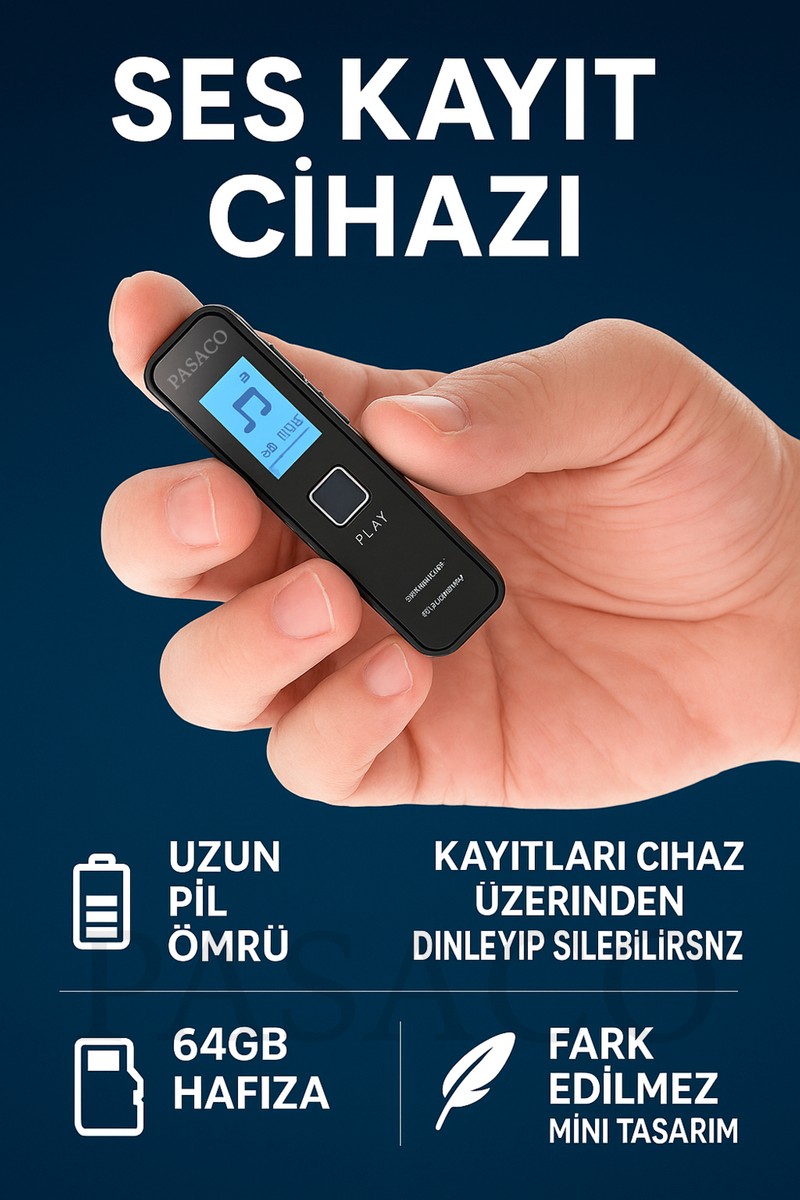 Pasaco Mini Ses Kayıt Cihazı Ekranlı Kulaklık Hediyeli 64GB Cihaz Üzerinden Kayıt Dinleme Özelliği