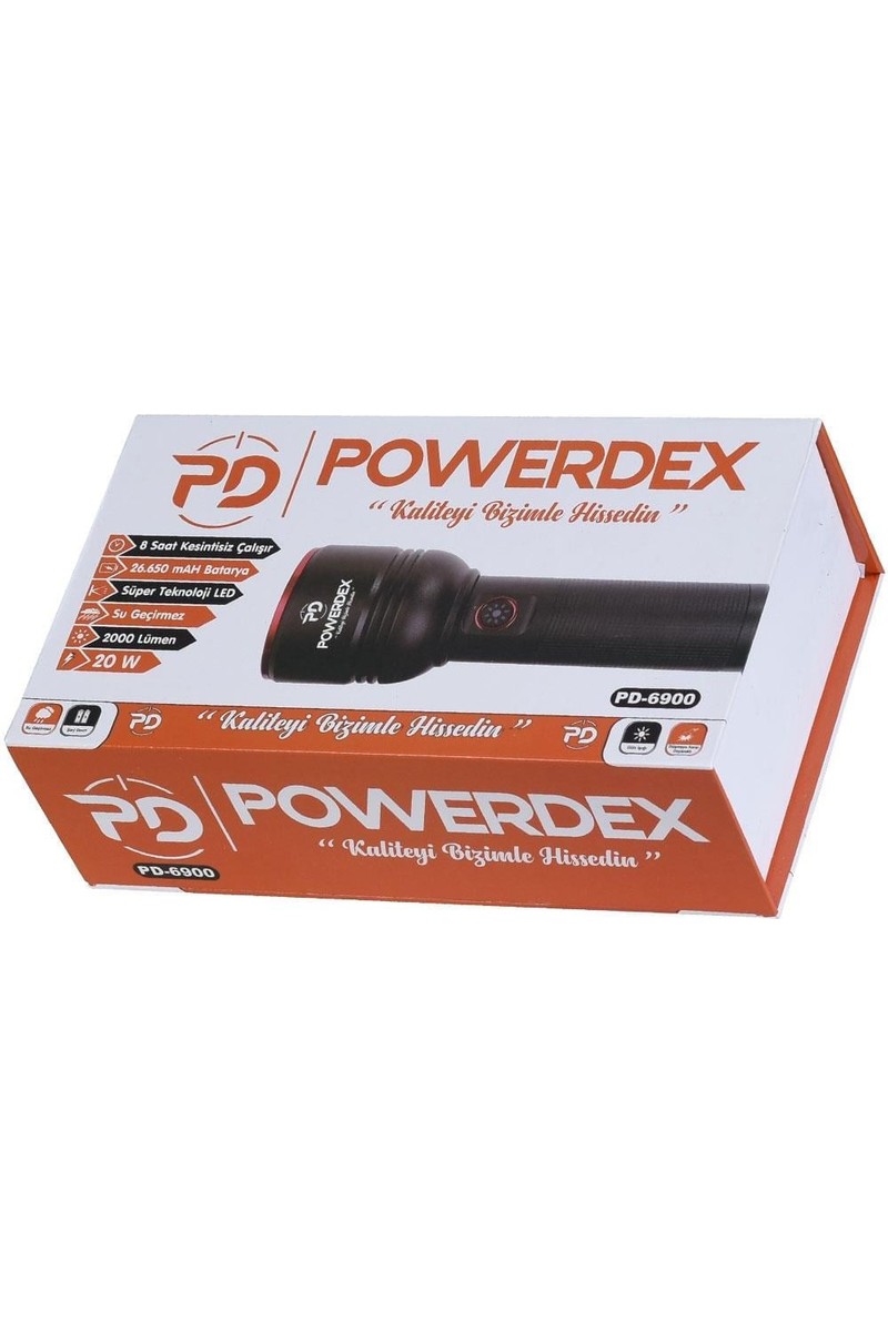 Powerdex PD-6900 Profesyonel Şarjlı El Feneri 2000 Lümen Su Geçirmez 20 Watt Dayanıklı Yapı