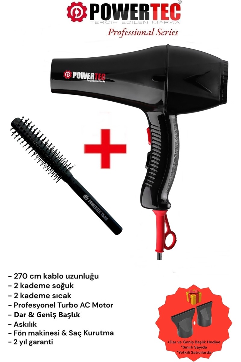 Powertec TR-901 Turbo Profesyonel Fön Makinası + Berber Fön Fırçası
