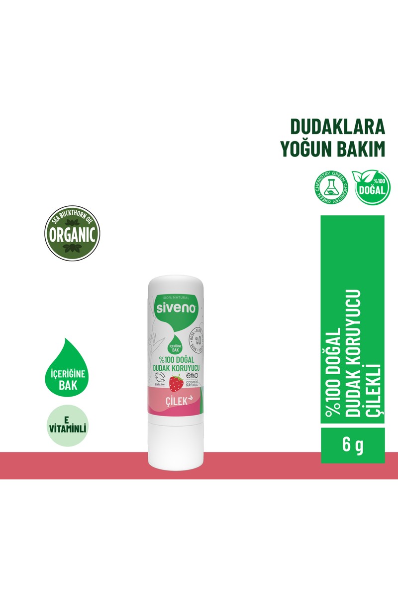 Siveno %100 Doğal Dudak Koruyucu Çilek Bitkisel Lip Balm Dudak Kremi Nemlendirici Parlatıcı Onarıcı 6 G