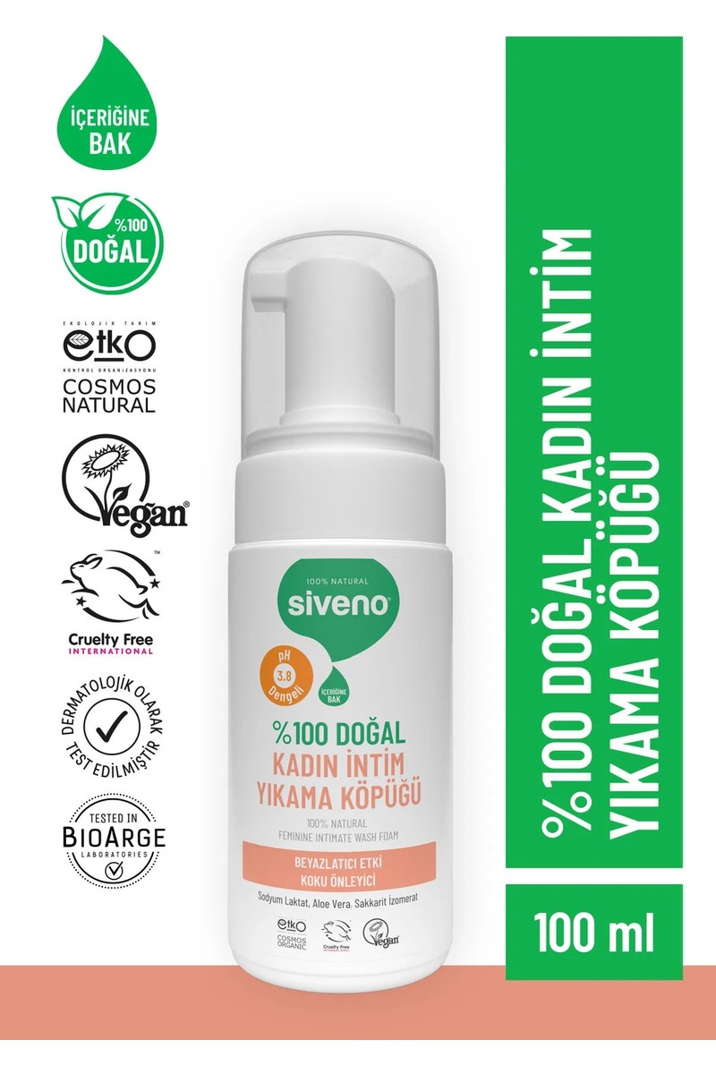 Siveno %100 Doğal Kadın İntim Yıkama Köpüğü 100 ml Beyazlatıcı Etkili Koku Önleyici Tüm Ciltler İçin Ph 3.8