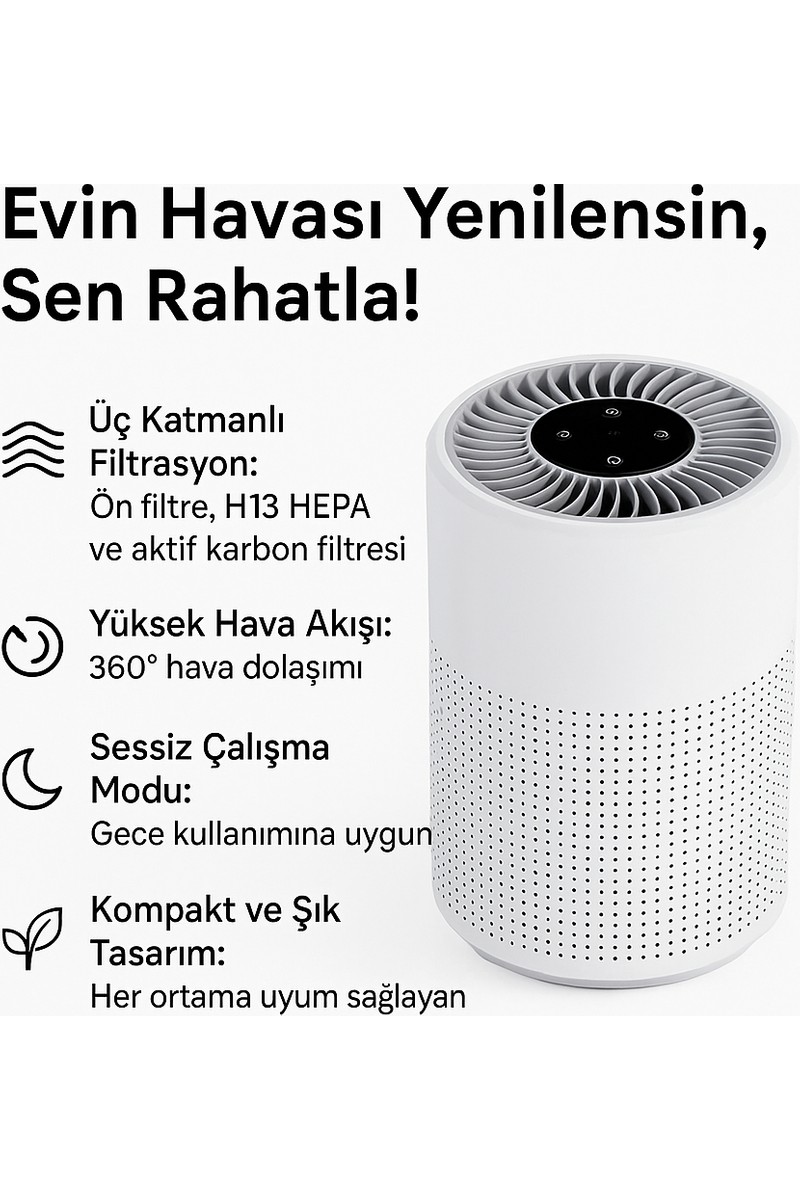 Smayling Üç Katmanlı H13 Hepa Filtreli Sessiz Kompakt Hava Temizleyici – Aktif Karbon Filtreli