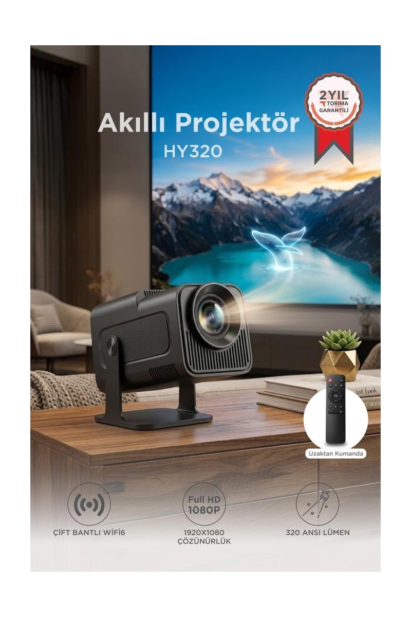 Torima Projeksiyon Cihazı Taşınabilir Ev Sinema 4K 1080P Android Akıllı Projektör HY320 Siyah