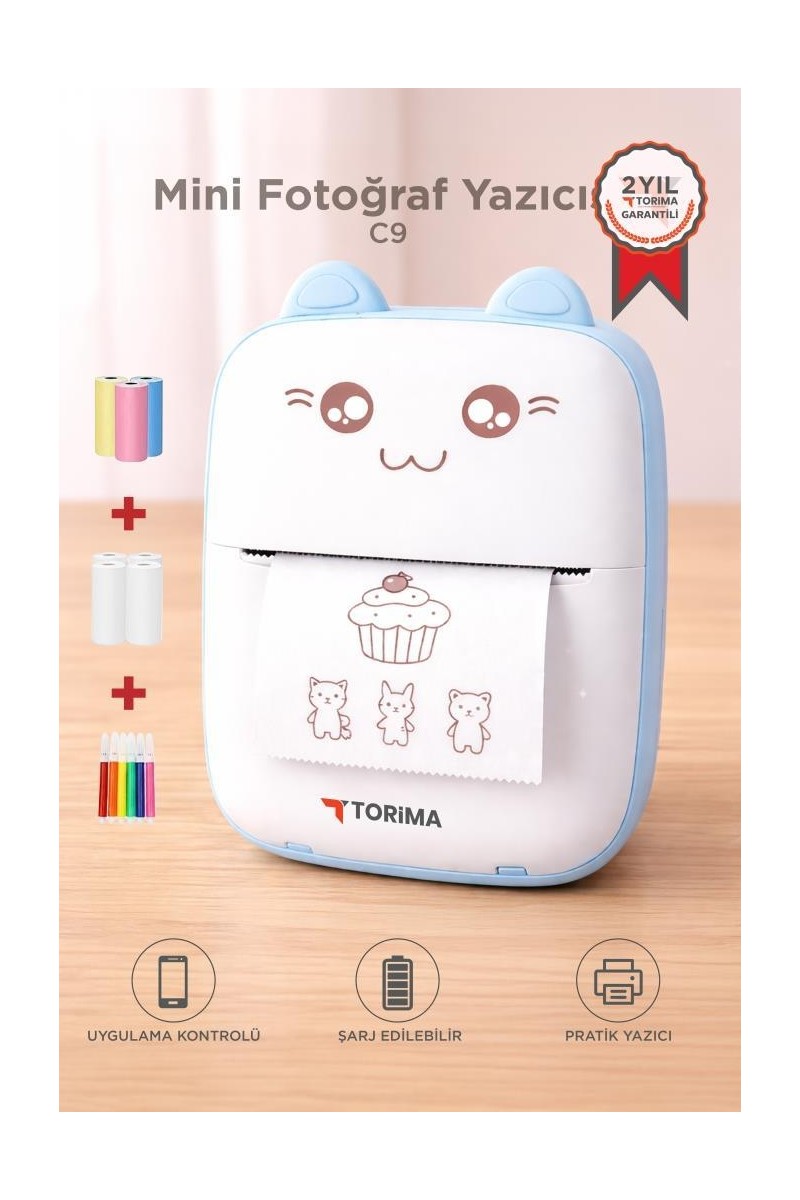Torima Yazıcı Termal Kablosuz Bağlantılı Ap Kontrol Taşınabilir Mini Yazıcı C9 Mavi