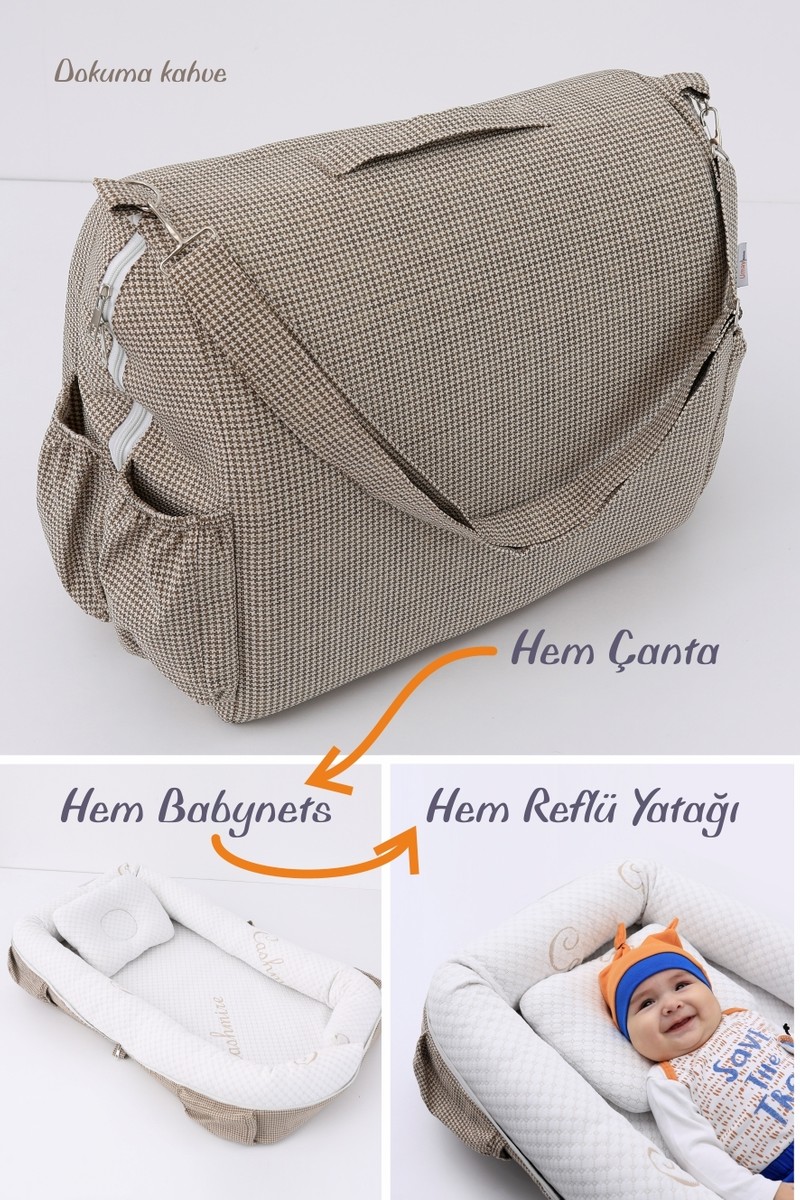 Umaybebek Çantalı Taşınabilir Bebek Yatağı, Babynest, Anne Çantası Dokuma Kahve