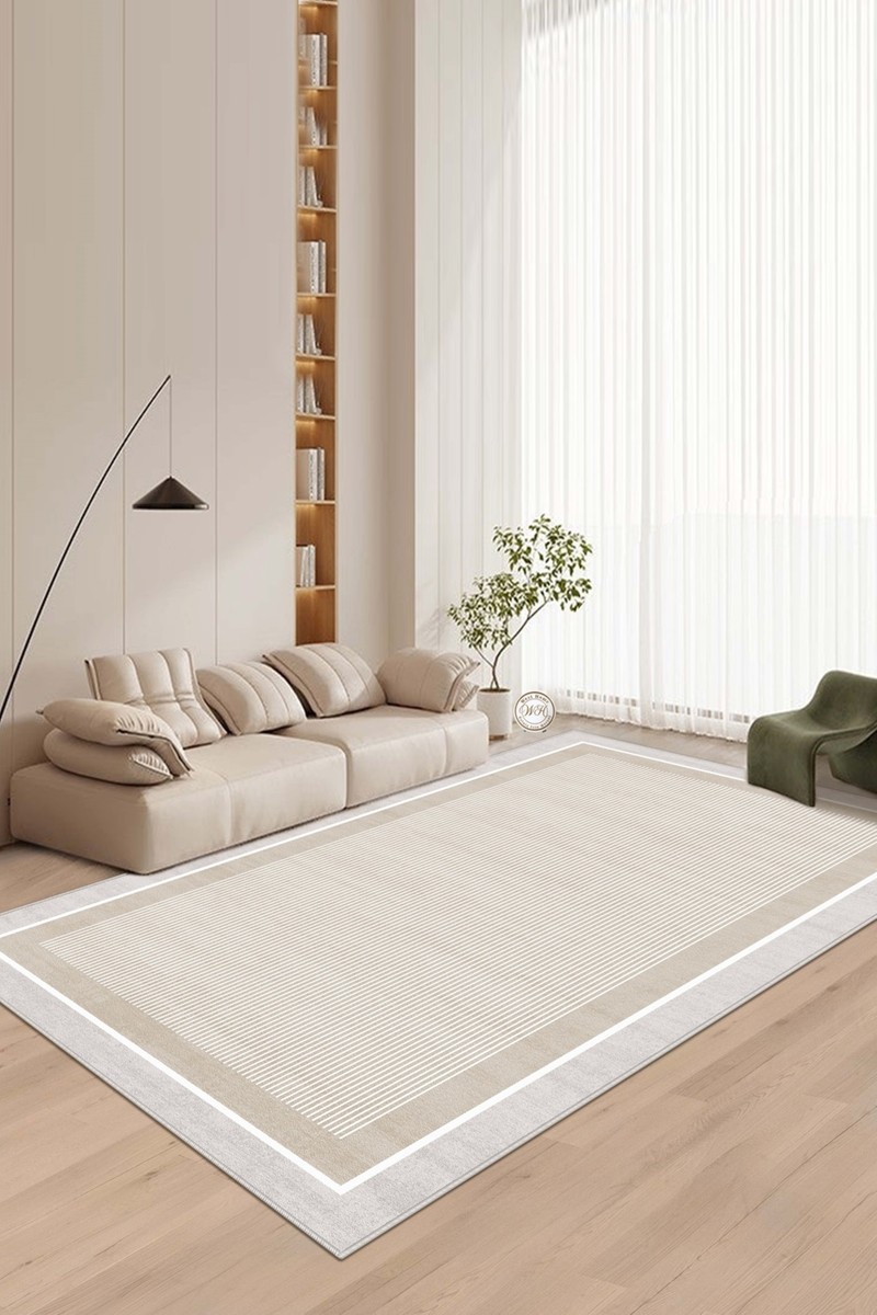 West Home Makinede Yıkanabilir Kaymaz Taban Leke Tutmaz Bej Çizgili Salon Halısı Mutfak Halısı ve Yolluk