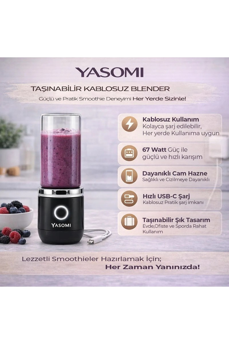 Yasomi Taşınabilir Kablosuz Şarjlı Cam Kişisel Blender Siyah( Türkiye Garantili)