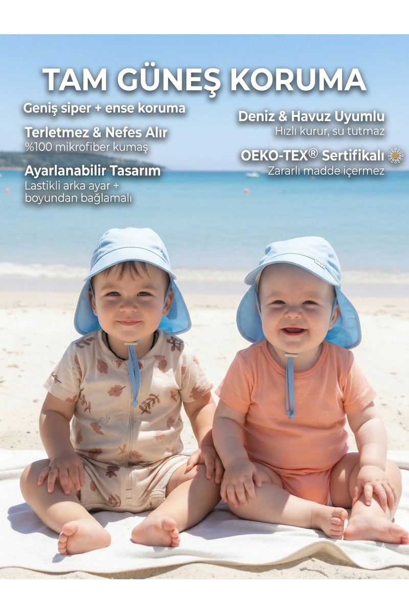 Yorni Mavi, 0-6 AY, Ense Korumalı, Boyundan Bağlamalı, Çocuk Bebek Güneş Şapka, Ekoteks 100 Sertifikalı